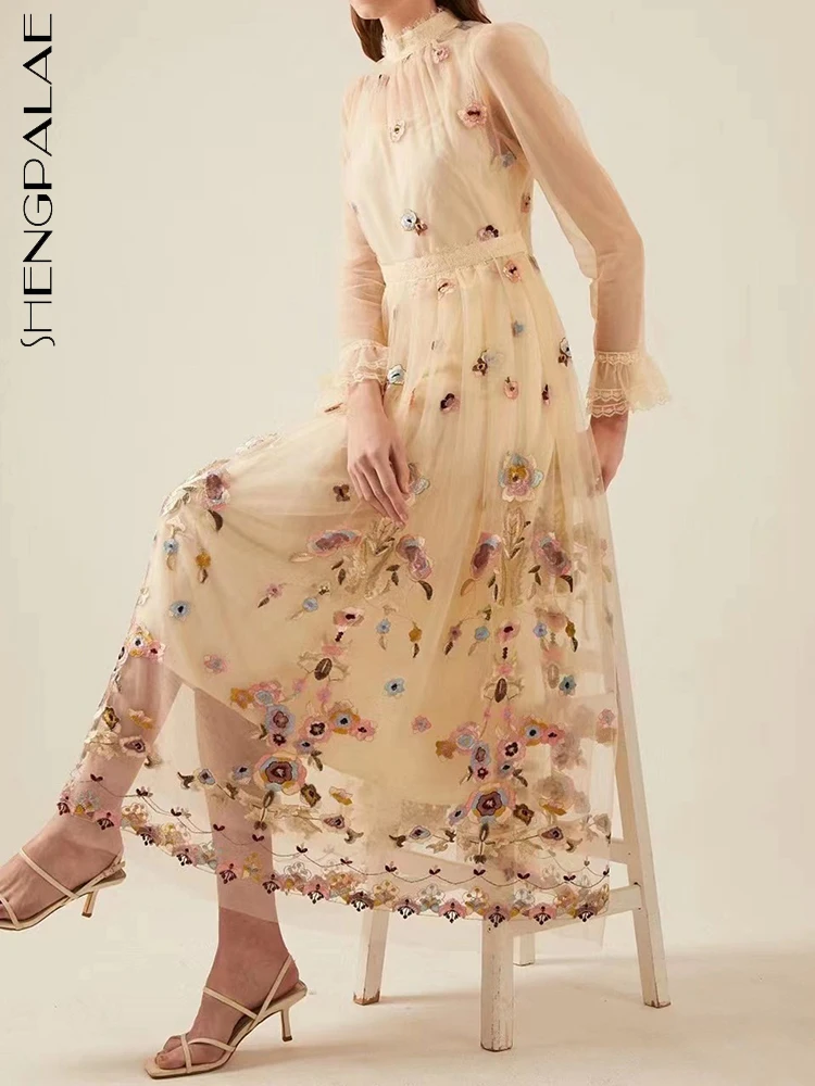 

SHENGPALAE Flower Embroidery Dress For Women Fashion Half High Collar Full Sleeve A-line Casual Mesh Robe Autumn 2023 New 5R5116