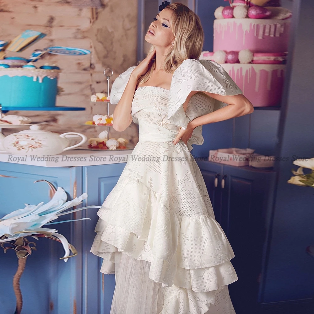 

High Quality A Line Wedding Dresses Satin Draped Puff Sleeve Open Back Bows Sashes 2022 Summer Floor Length Gowns Robe De Ma