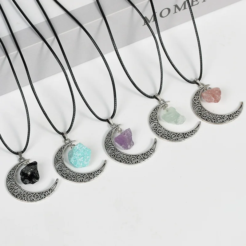 

15pcs Hollow Moon Irregular Ore Rough Stone Pendant Tiger Eye Stone Agates Raw Healing Crystal Quartz Necklaces Jewelry Making