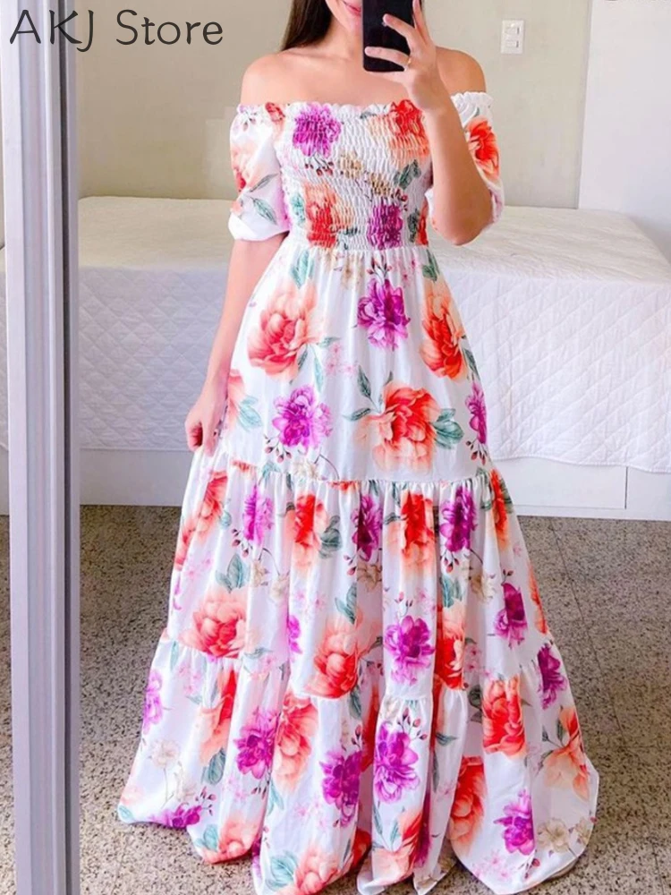 

Women Floral Print Off Shoulder Shirred Maxi Dress