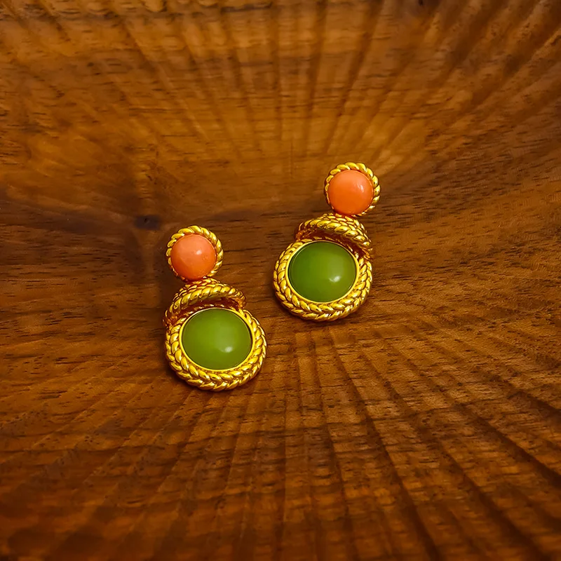 

French gentle pink green natural stone water drop earrings luxury girl golden summer vintage tender eardrop