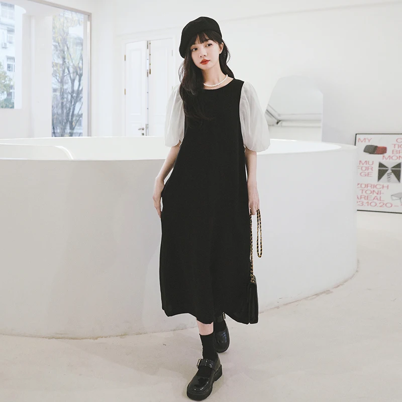

2023 Summer New Lantern Sleeve Spliced O-neck Black Dress for Women Elegant Korean Style Loose Casual Sweet Long Dresses 0815