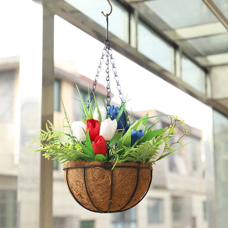 

Metal Coir Hanging Basket Red White Blue Tulip Flower Pot Organizer Holder