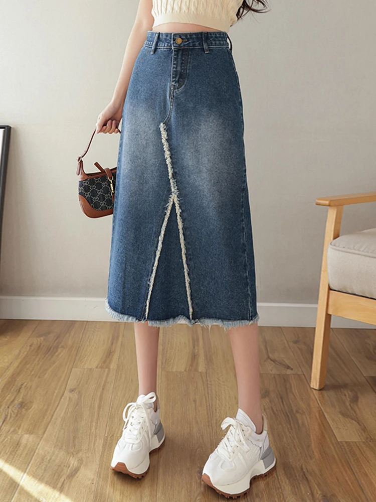 

Fitaylor/Летняя женская Облегающая Юбка-миди в стиле ампир, Повседневная джинсовая юбка, в стиле пэчворк, винтажная женская джинсовая юбка