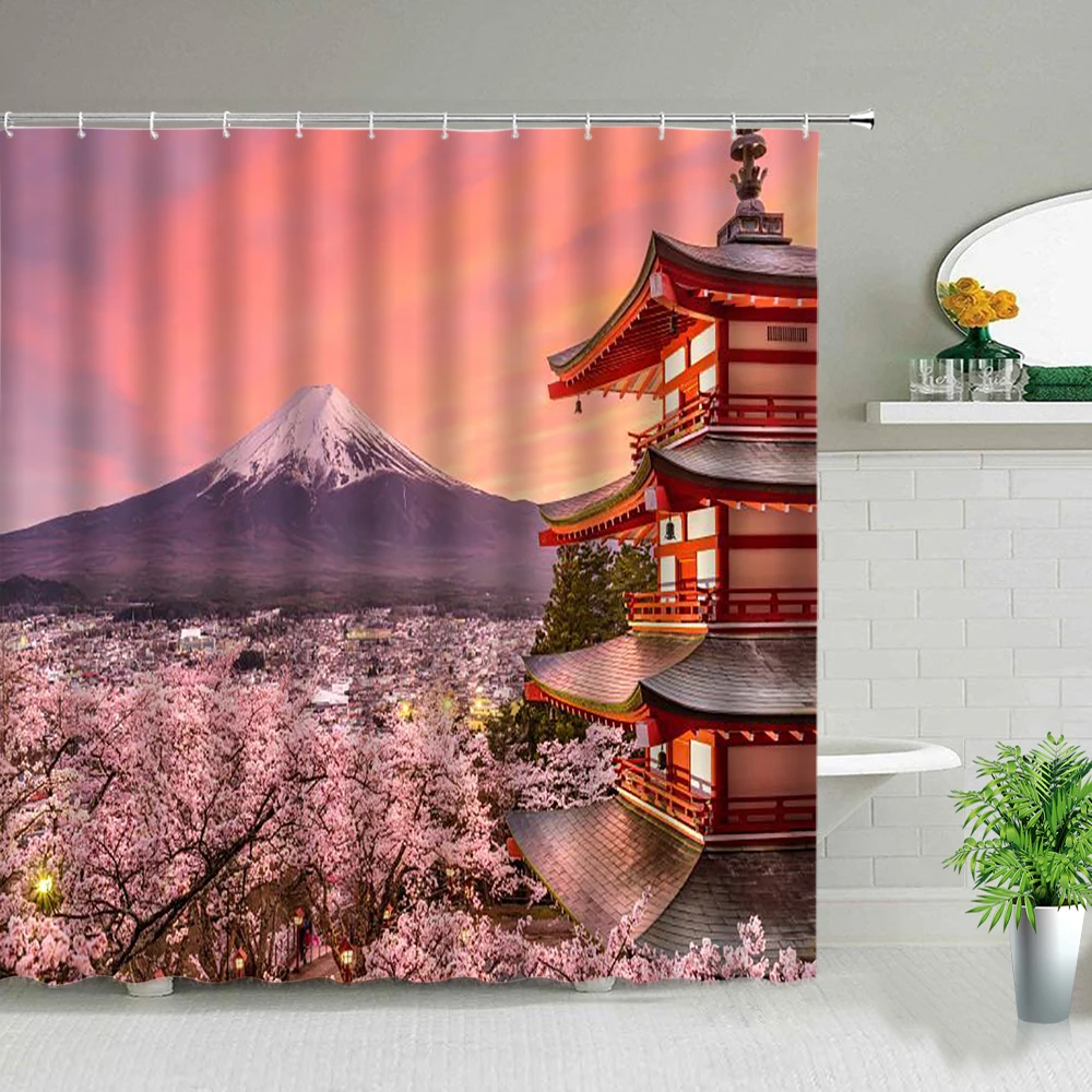 

Japanese Scenery Theme Shower Curtains Tower Japan Mount Fuji Landscape Cherry Blossom Flower Bath Curtain Home Decor with Hooks