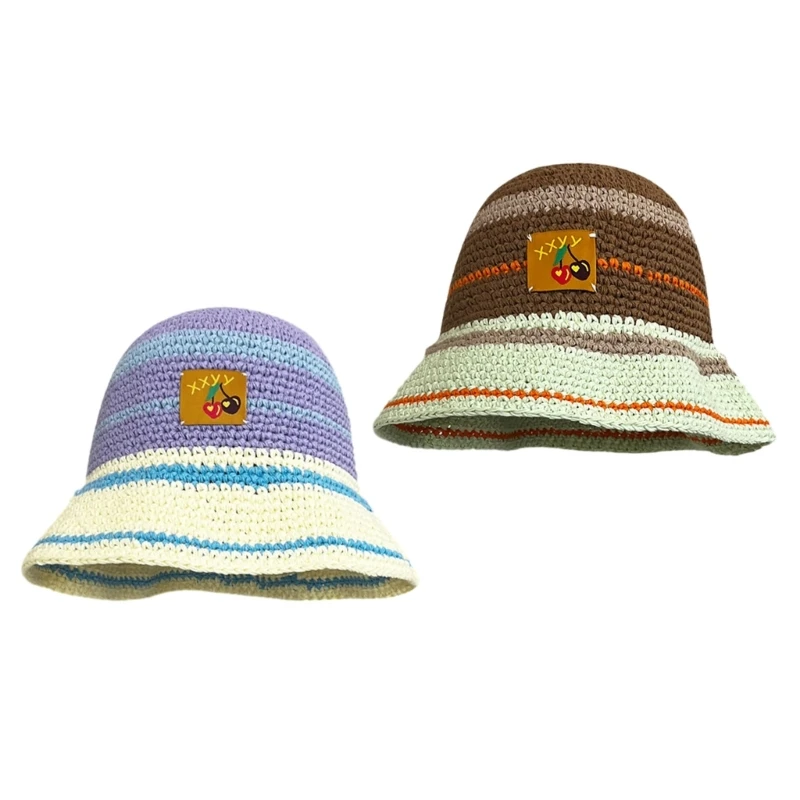 

Sweet Girl Crochet Bucket Hat Ladies Fisherman Cap with Stripe Pattern Woman Teenagers Casual Summer Sunproof Hat