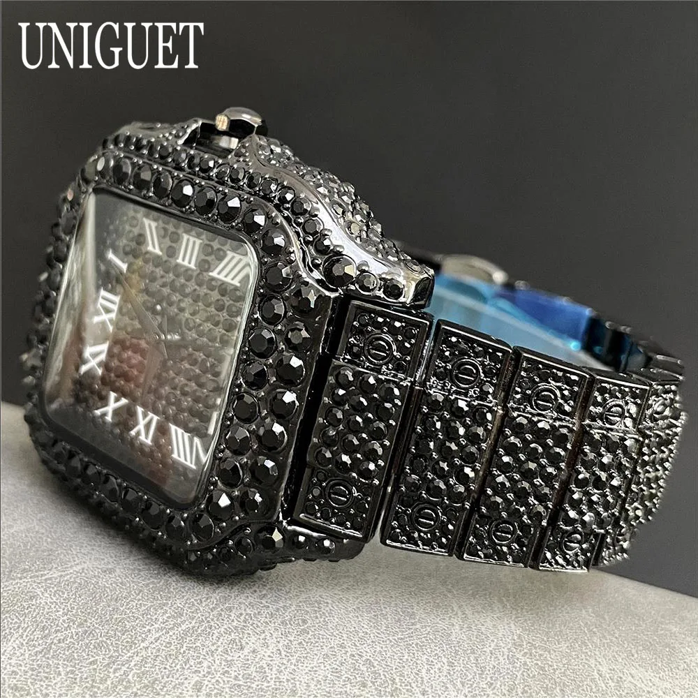 Фото UNIGUET модные мужские часы со льдом, роскошные квадратные кварцевые часы из нержавеющей стали, мужские наручные часы в стиле хип-хоп с черными бриллиантами Reloj Hombre №5
