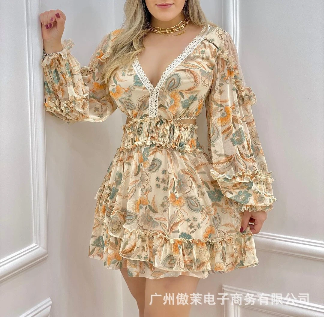 

Spring and Autumn Women's New Hollow Lace Printed Dress Casual Office Party Sexy Long Sleeve Dresses Female & Lady Fashion 2022
