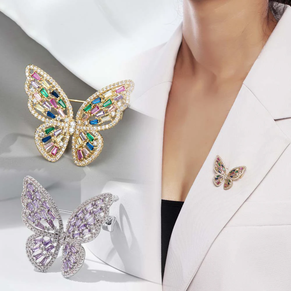 

Luxury Fashion Accessories Women's Jewelry Copper Gold Plated Zircon Collar Needle Pin Multi-Color Butterfly Brooch
