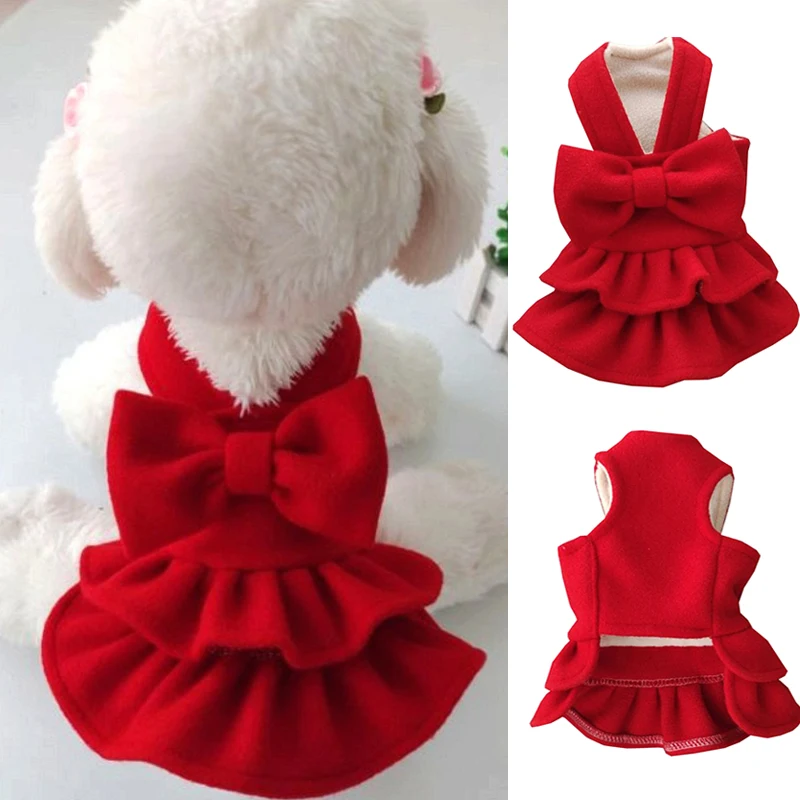 

Red Skirt Pet Clothing Hairy New Year's Dress Woolen Bow Woolen Fabric Skirt Warm Sweet Christmas Style Cute Soft Pet Supplies