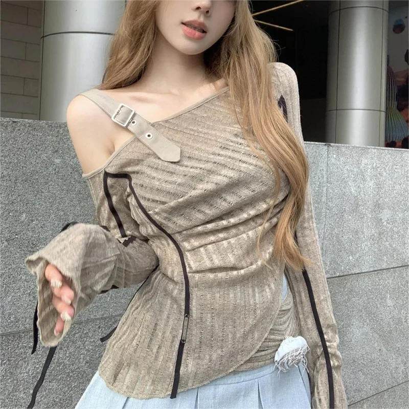 Осень-зима женский вязаный пуловер с длинными рукавами и поясом приталенный крой