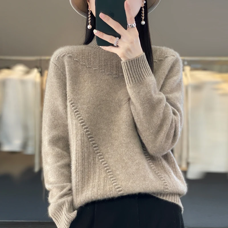 

Autumn and Winter New Women's Pure Woolen Sweater Loose Thickened Half High Collar Pullover Knitted Sweater Versatile Undercoat
