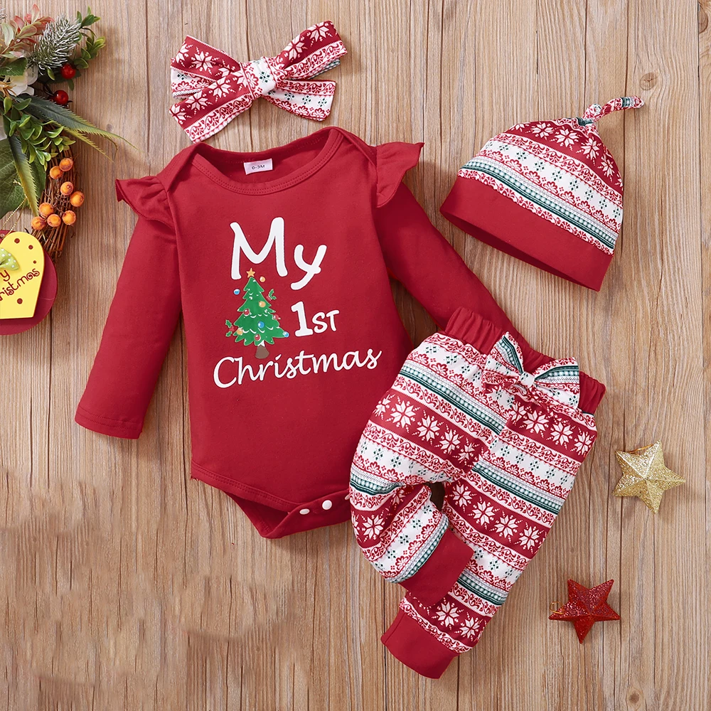 

4Pcs Sets First Toddler Baby Girls Merry Christmas Print Clothes NewBorn Infant Children Long Sleeve Romper Xmas New Year Costum