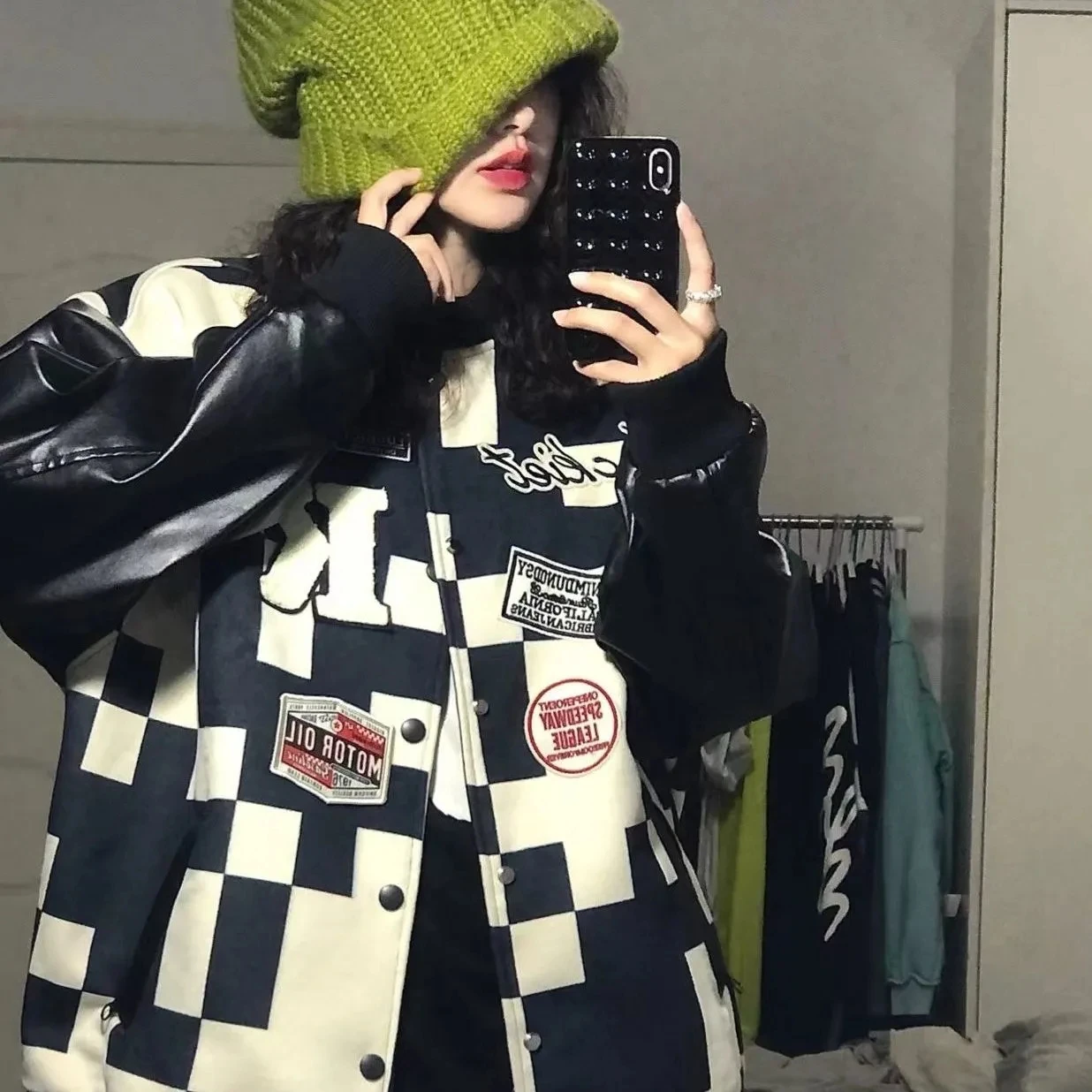 

Spring Autumn New Women Coat Stitching Sleeves Color Matching Embroidery Jacket High Street Retro Personality Long Couple Jacket