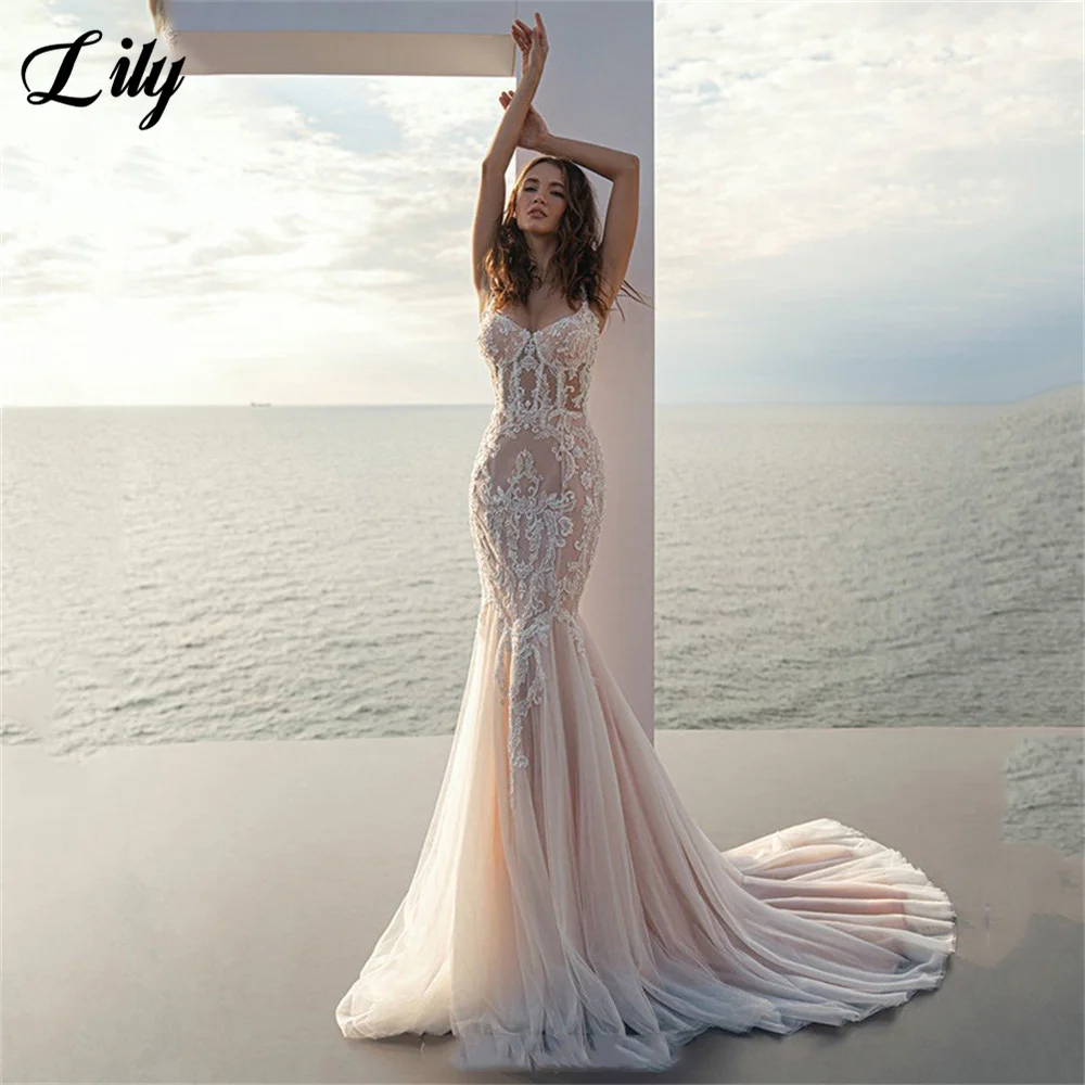 

Champagne Mermaid Sexy Wedding Dress 2023 Spaghetti Straps Appliqued Lace Bridal Dresses Boho Wedding Gowns Свадебное пл