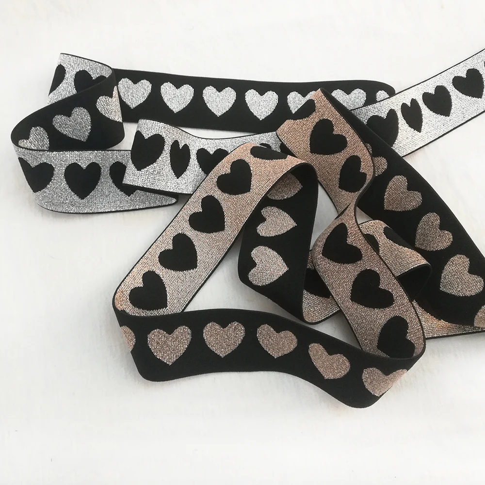 

5 Meter 2.5cm Shiny Love Heart Elastic Band Rubber Webbing Silver Pattern Elastic Belt for Clothing Skirt DIY Sewing Supplies