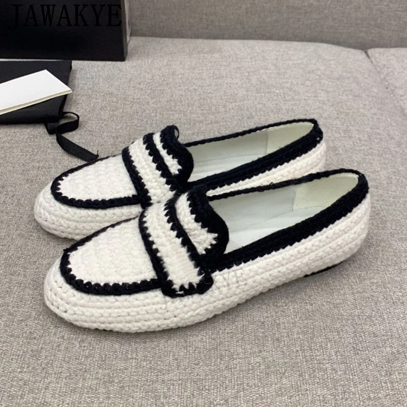 

Handmade Knitted Walk Shoes Woman's Luxury Brand Casual Loafers Shoes Summer Round toe Slip-on Doudou Shoes Women Runway Shoes