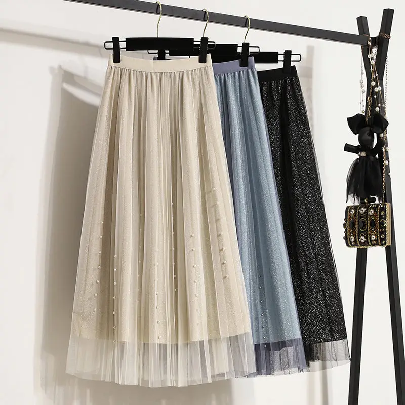 

Fashion Mesh Skirt Women 2022 Summer New Mid-Length High Waist A-Line Pleated Skirt Elegant Beading Jupe Femme H738