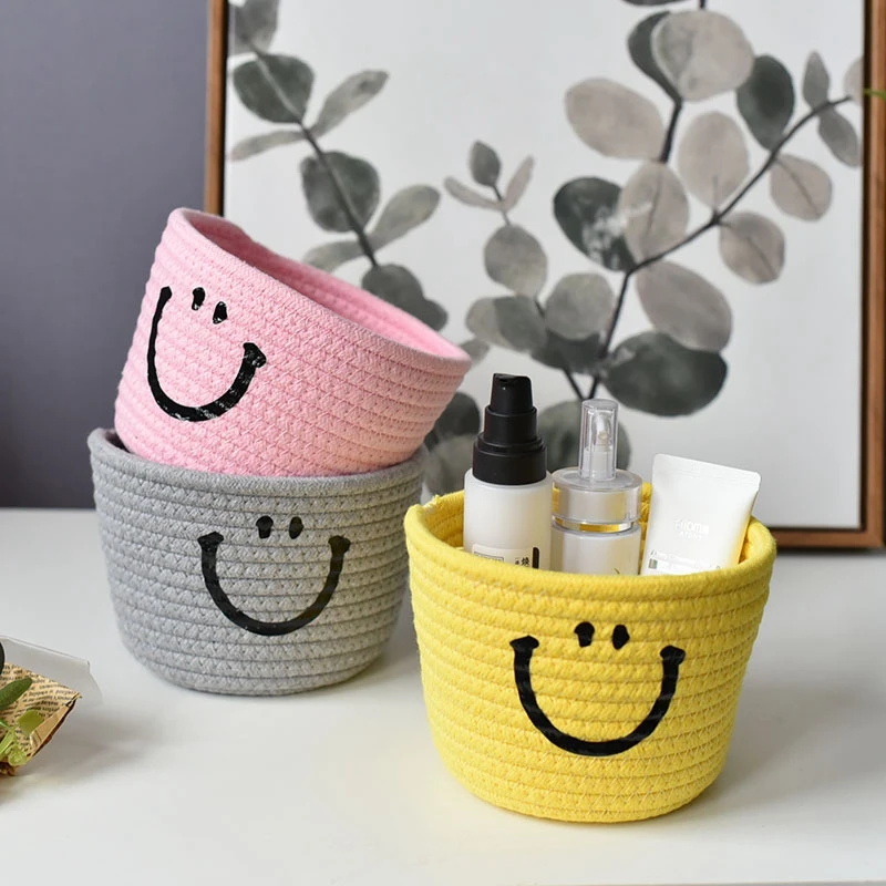 

Cotton Rope Storage Basket Kawaii Smiley Desktop Organizer Cosmetic Stationery Storage Box Simple Sundries Baskets Home Decor