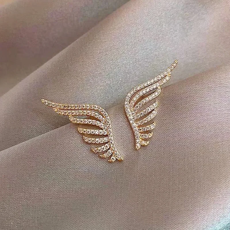 

925 Silver Earrings Full Diamond Wings Earrings Female Korean Style Simple and Versatile Super Fairy Earrings Jewelry Wholesale