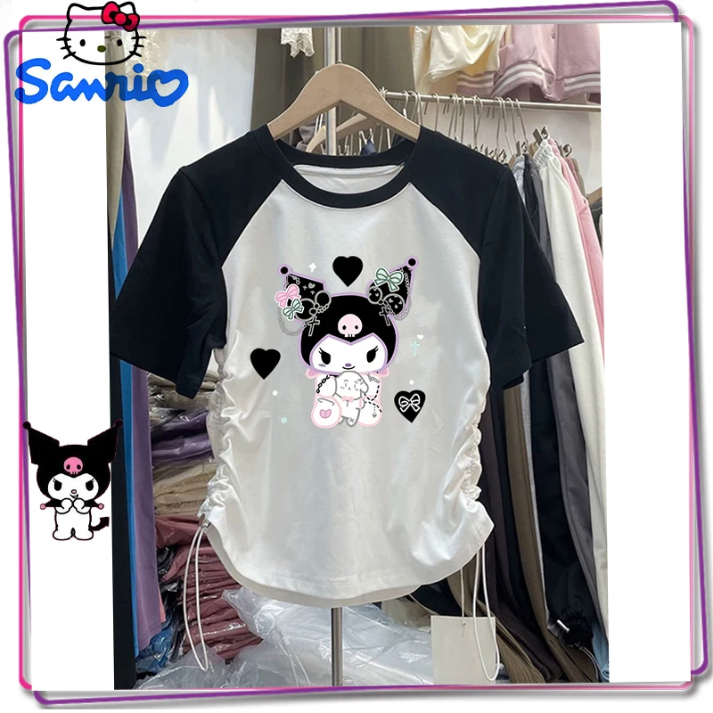 New Sanrio Kuromi Cartoon Anime T-Shirt Y2K Women's Drawstring Raglan Sleeve Off Shoulder Short Sleeve Kawaii Girl Slim Fit Top