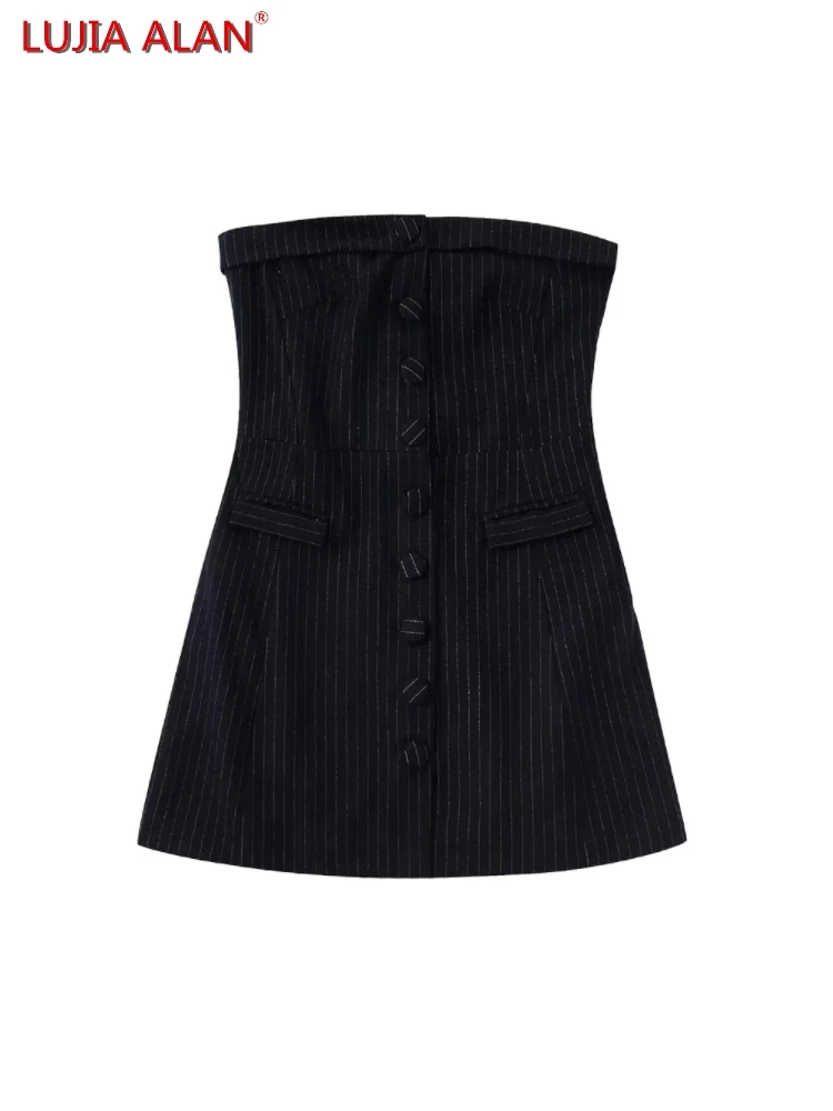 

New Women's Pinstripe Strapless Single Breasted Flap Pockets Casual Slim Fit Mini Dress LUJIA ALAN WD1091