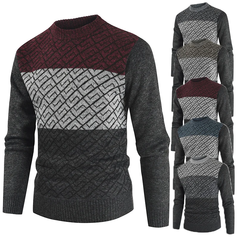 Autumn and Winter 2022 New Men's Fashion Pullover Sweater Casual Rhombic Contrast Round Neck Knitwear Underlay Warm Top Clothes