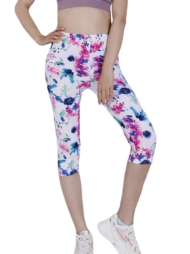 

YGYEEG Workout Leggins Gym Wear Summer Capris Women Clothing Running Push Up Sport Floral Printed Leggings Elastic Yoga Pants