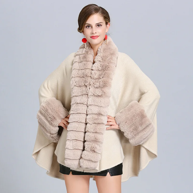 M GIRLS Fashion Wide Luxury Wave Faux Fur Cape Coat Women Winter Batsleeve Knit Cashmere Cardigan Party Cloak Outwear Plus Size