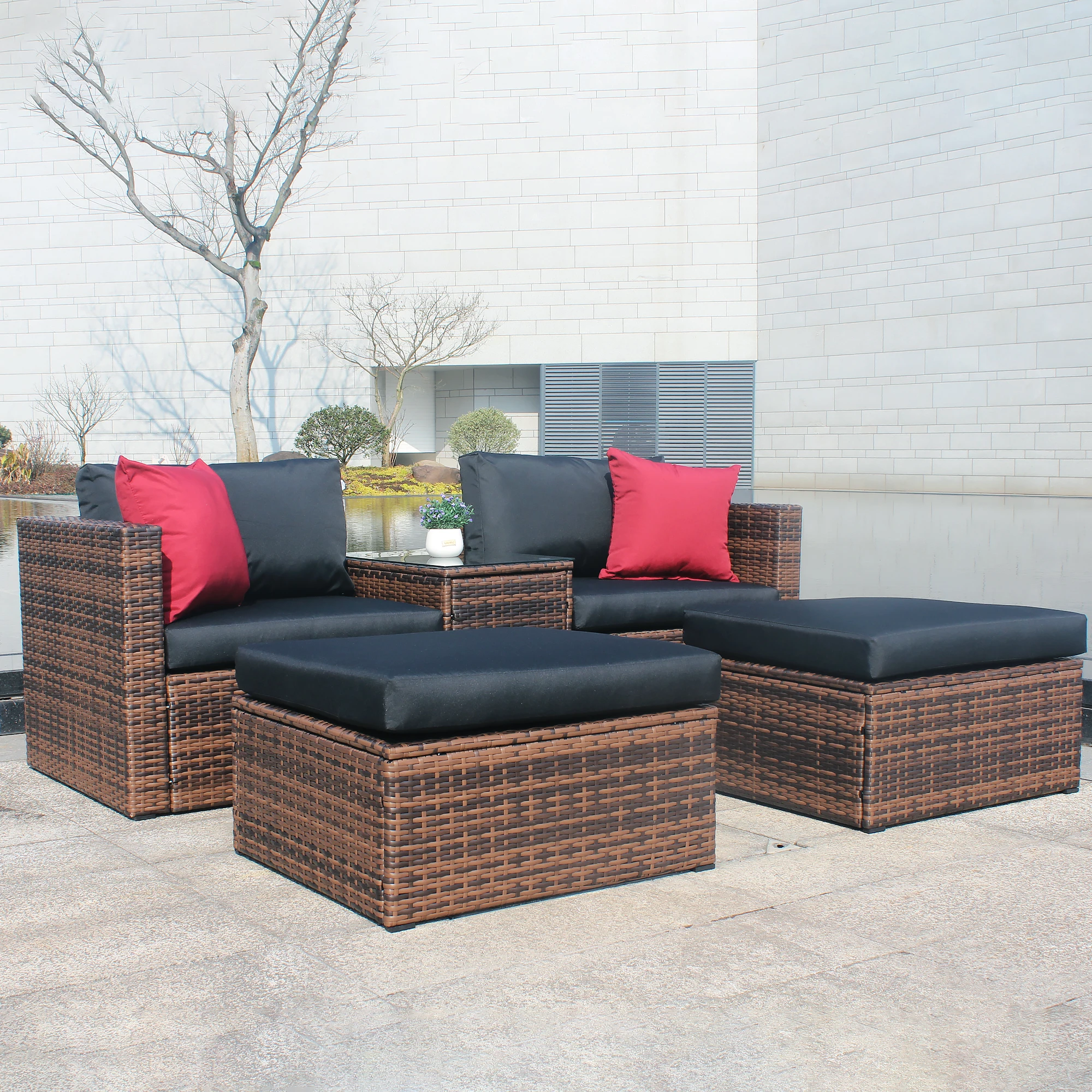 

5 Pcs Outdoor Patio Garden Brown Wicker Sectional Conversation Sofa Set with Black Cushions and Red Pillows