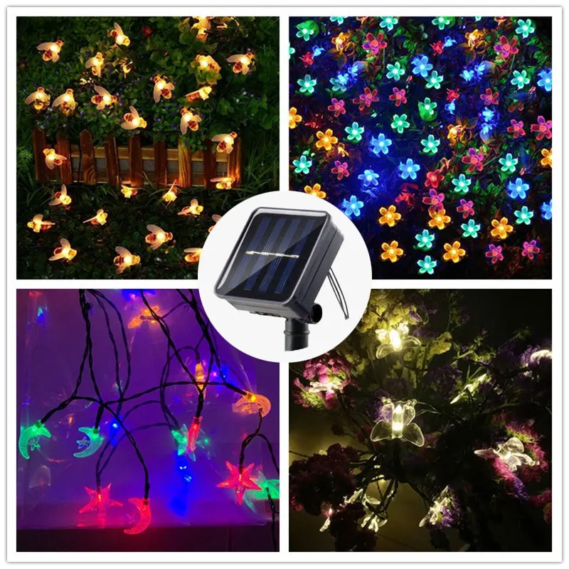 2 Mode Outdoor Waterproof Solar Bee Fairy Light String Cherry Blossom Hummingbird Christmas Holiday Wedding Garland  Decoration