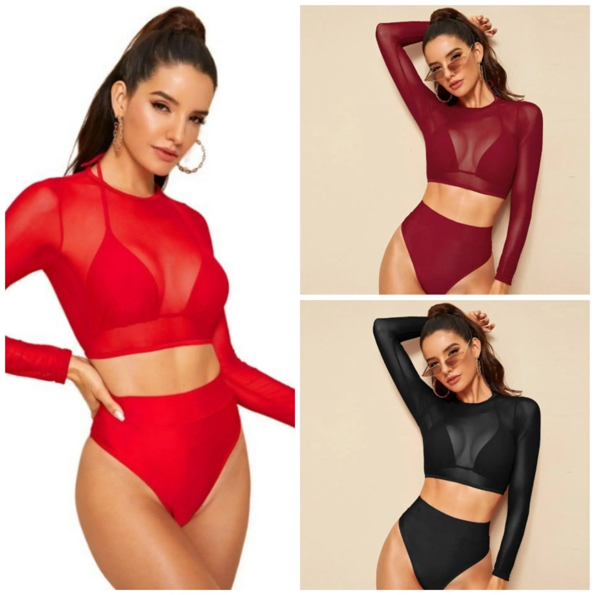 

Однотонное прозрачное сексуальное бикини, Женский комплект из 2 предметов, сетчатый топ, купальный костюм, купальник-стринги, женский купал...