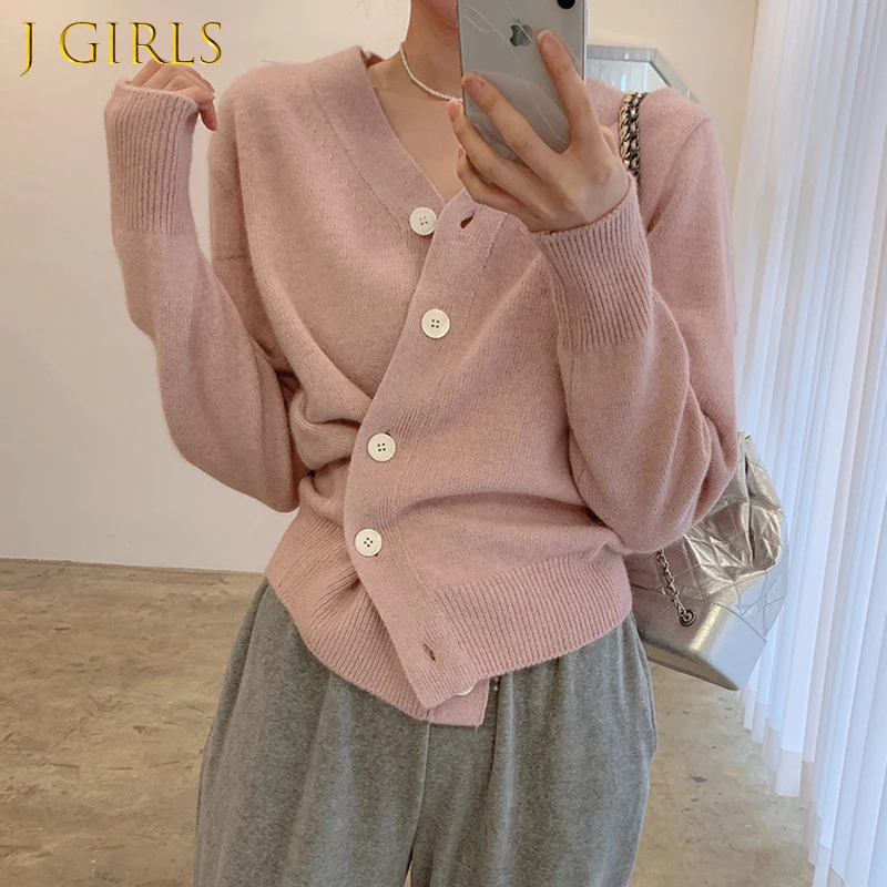 

J GIRLS Women Cardigan 2021 Autumn Korea Elegant Temperament Ladies V-Neck Beveled Side Irregular Loose Long-Sleeved Sweaters