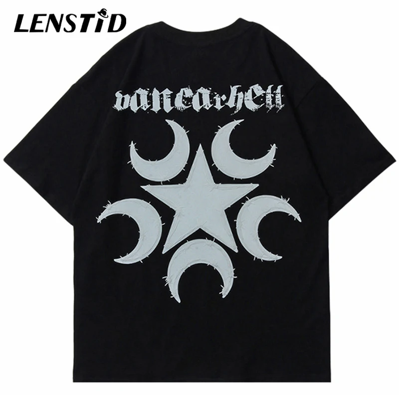 

LENSTID Summer Men Oversize Short Sleeve Tshirts Hip Hop Star Moon Graphic Print Streetwear Harajuku Casual Cotton Tee Shirts