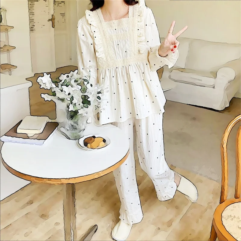 Women's Pajamas Set Full Sleeve T-shirt Long Pants 2Piece/Set Sexy Polka Dot Cotton Pyjama Big Size Princess Homewear Lace PJS