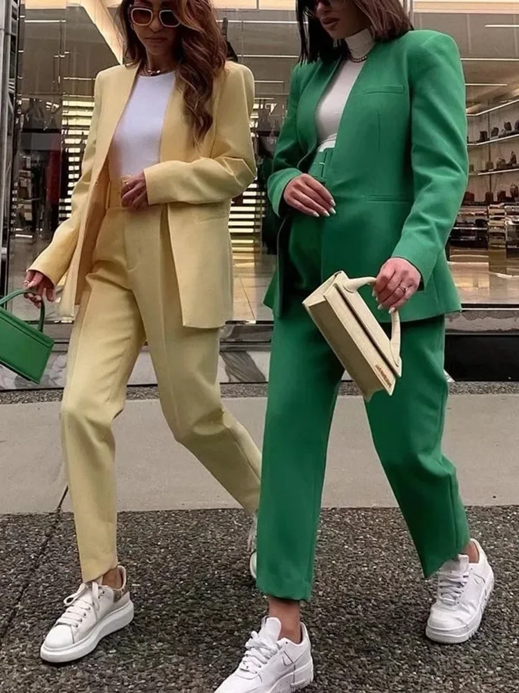 

Woman Elegant Green Slim Blazer Suit 2022 Spring Woman Sweet Solid Pencil Pants Suits Ladies Basic Blazers 2 Pcs Sets