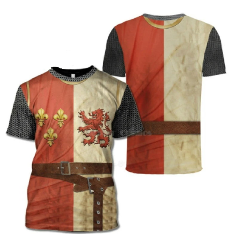 

European Retro Templar Print Round Neck T-shirt Men's Fashion Casual Short-sleeved Oversized T-shirt Knight Streetwear Top