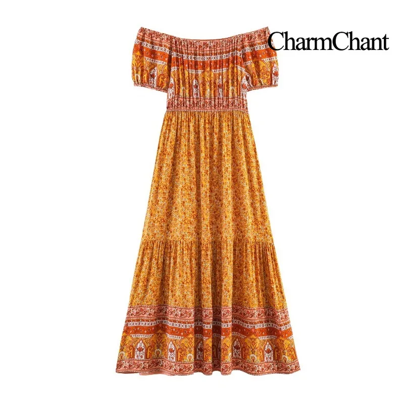 Фото Женское макси-платье CHARMCHANT с открытыми плечами, пышными рукавами, богемным цветочным принтом, многоярусное, с эластичной талией, пляжное, длинное, лето 2026 №3