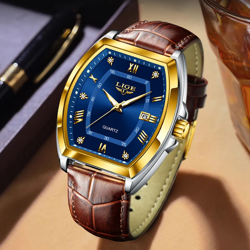 LIGE Tonneau Shape Кварцевые мужские часы Модные военные кожаные ремешки Светящиеся