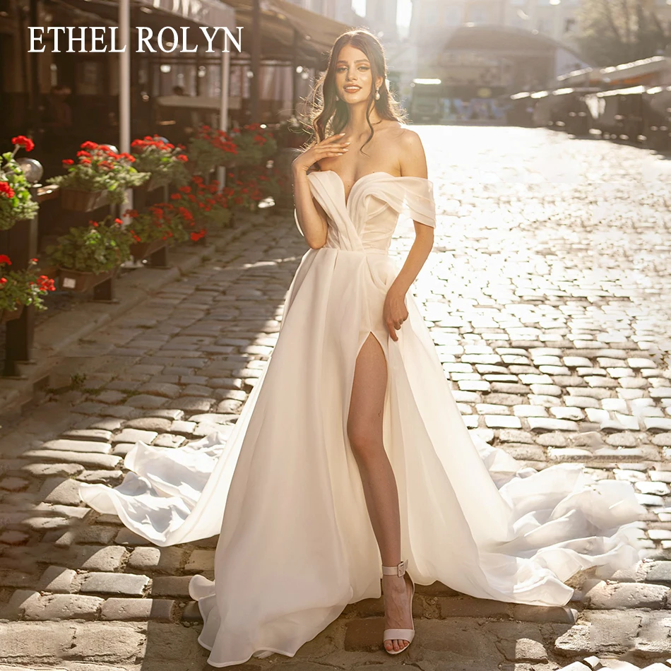 

Женское платье с открытыми плечами ETHEL ROLYN, шифоновое свадебное платье-трапеция до бедра с разрезом, 2024
