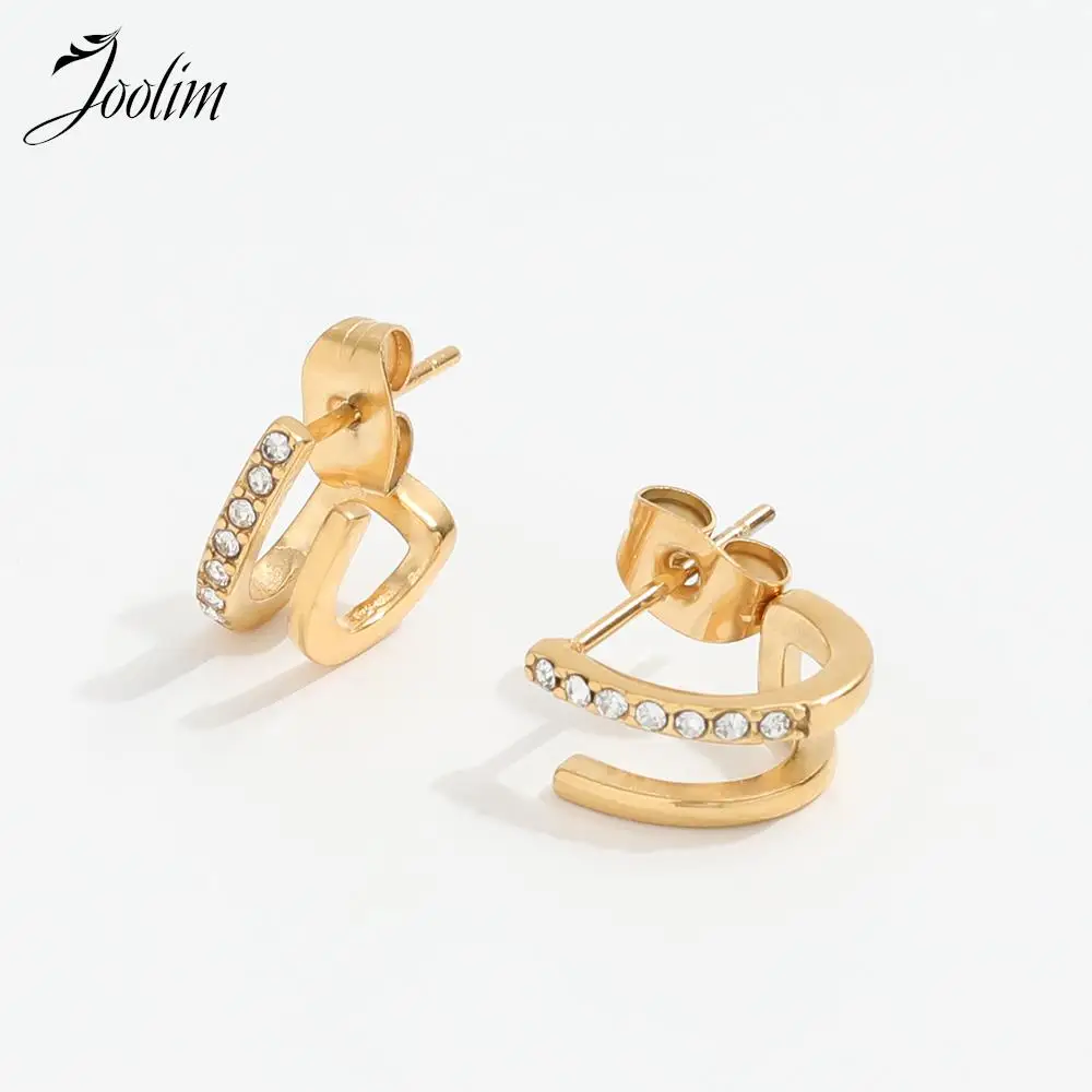 

Joolim Jewelry High Quality 18K PVD Plated Fashion Double Layer C-shaped Zirconia Pave Hoop Stainless Steel Earring for Women