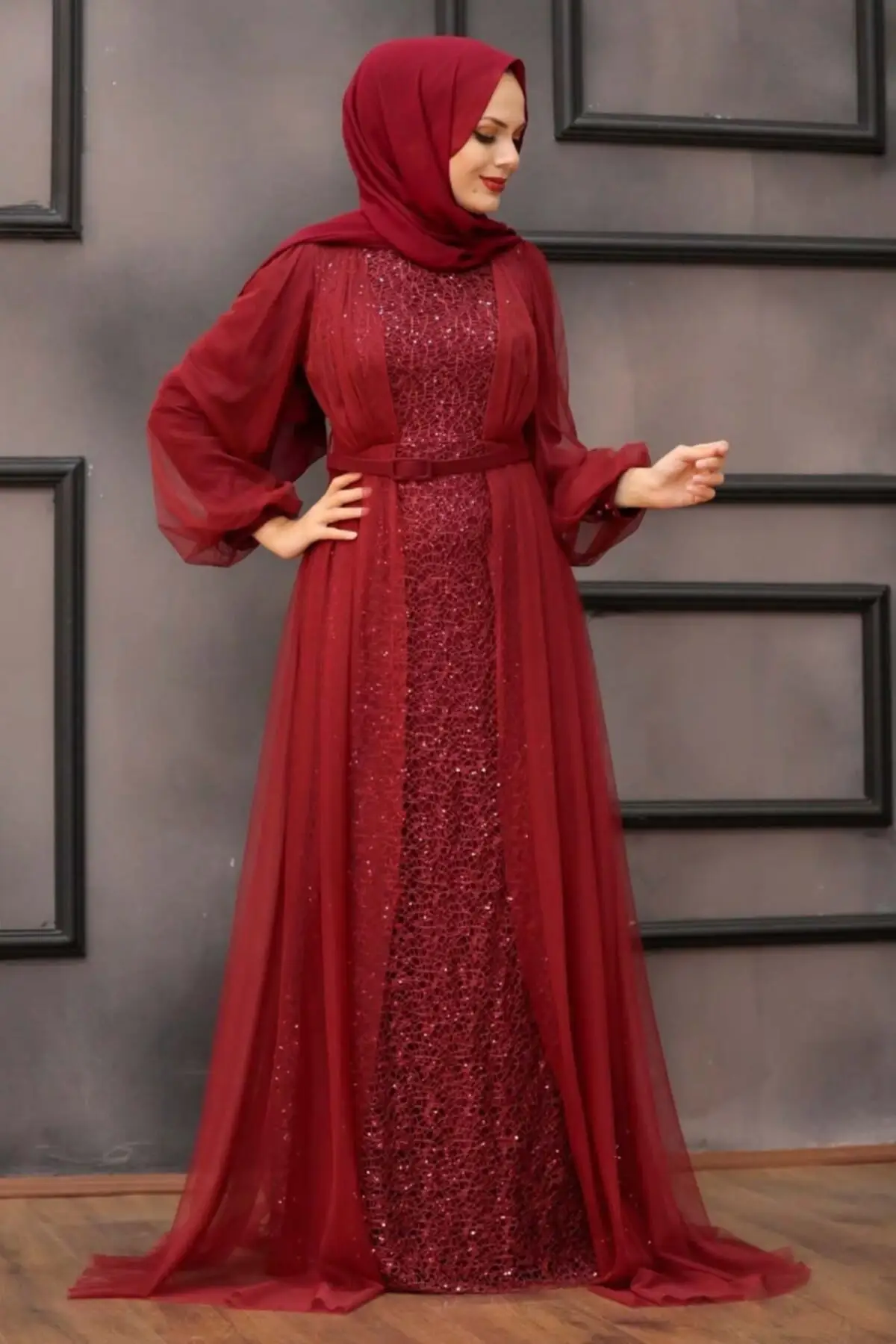 

Veil Evening Dress Elegant Special Party Evening Dress Sequins Sequined Burgundy Hijab Evening Dress Evening Dress