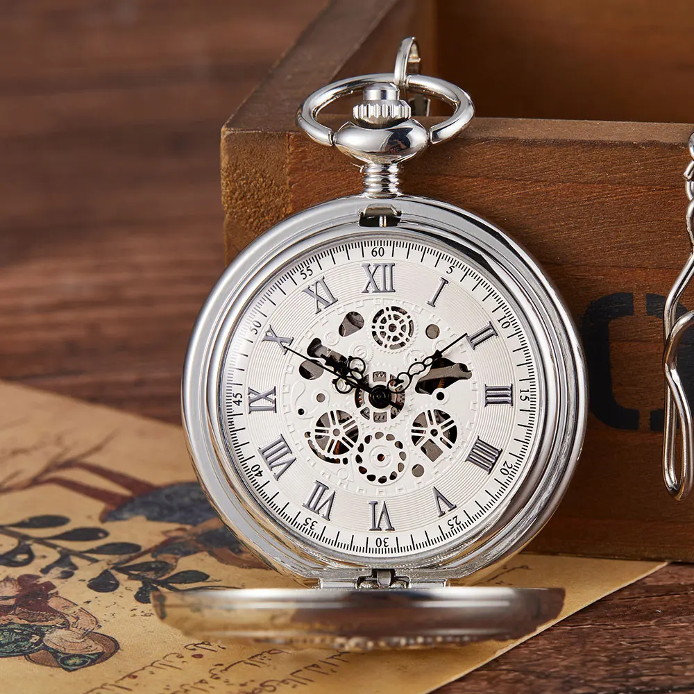 Vintage Bronze Crane Deer Carving Design Mechanical Pocket Watch FOB Waist Chain Hollow Steampunk Skeleton Hand Wind Mens Clock