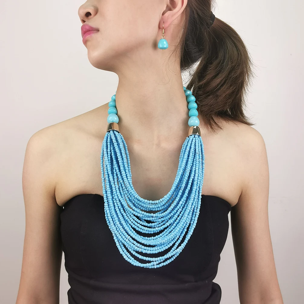 

Ethnic Customs African Beads Jewelry Sets Handmade Weave Necklace & Pendant Bohemian Statement Maxi Necklace For Women Earrings