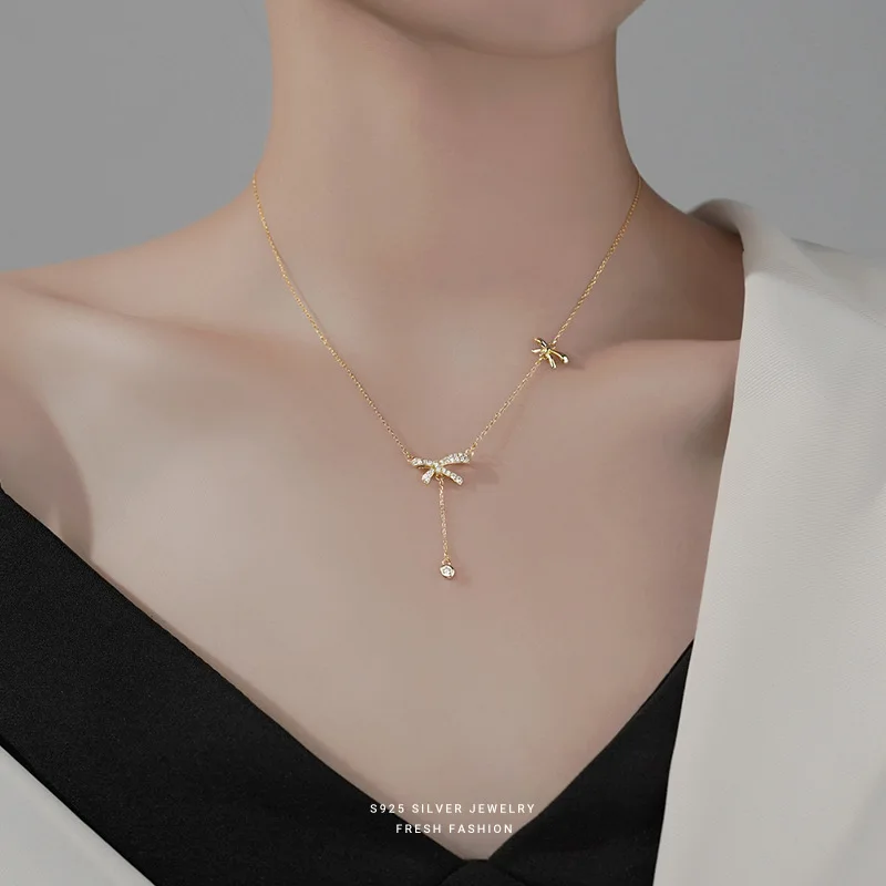 

S925 silver bow necklace women's light luxury niche collarbone chain senior accessories personalized jewelry gift