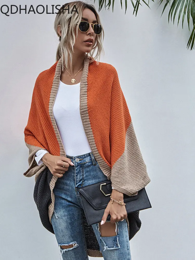 

Autumn Winter New Fashion Commuter Casual Cardigan Color Contrast Shawl Color Contrast Knitted Sweater Coat Women Top Cardigan