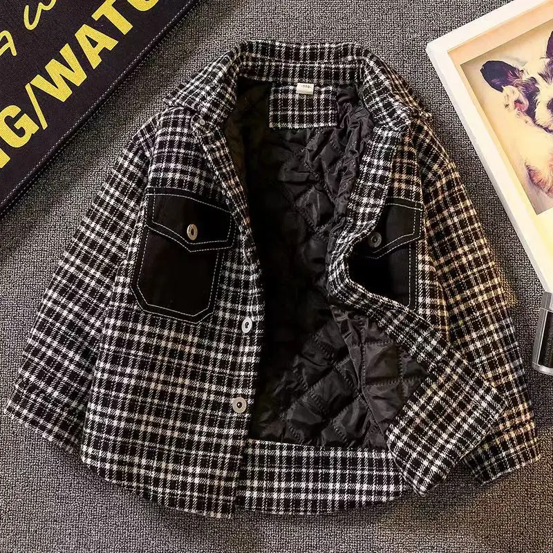 

Baby Boy Girl Woolen Plaid Jacket Long Double Breasted Warm Child Lapel Tweed Coat Cotton Padded Outwear Clothes kids coats boys