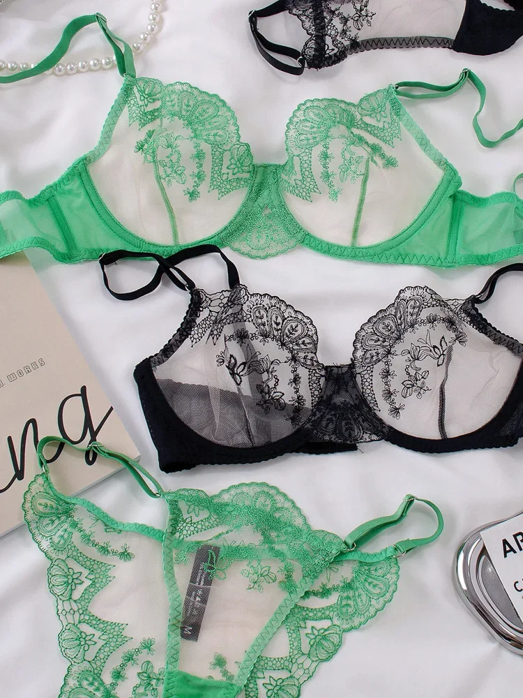 202 сексуальный сетчатый бюстгальтер и трусики кружевное нижнее белье с вышивкой