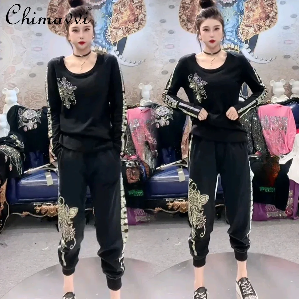 Европейская Тяжелая популярная рубашка с круглым вырезом и бриллиантами Женский