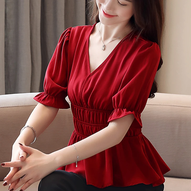 

Spot Goods 2022 Summer New Short Sleeve Top Women's Korean-Style Solid Color Retro Chiffon Shirt Easy Matching Waisted Shirt